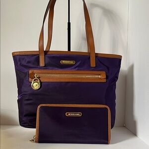 Michael Kors Dark Purple and Tan Tote Bag and Wallet